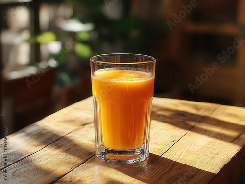 Bright orange juice in a clear glass on a wooden surface, minimalist and vibrant, bathed in soft morning sunshine.