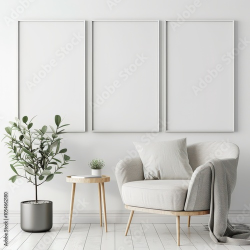 A minimalist living room interior with a comfortable armchair. a small table. a potted plant. and three empty picture frames on the wall