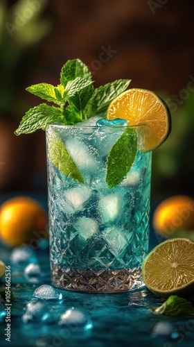 Refreshing Blue Cocktail with Mint and Lime Garnish photo