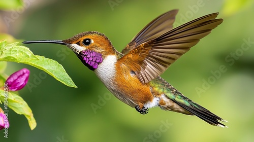 A hummingbird with iridescent purple throat feathers hovers in mid-air with its wings spread, feeding from pink blossoms.