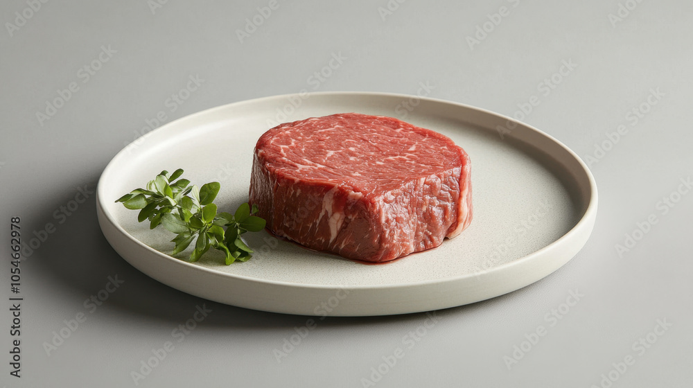Fresh beef steak on minimalist plate with sprig of oregano, showcasing its rich marbling and vibrant color. Perfect for culinary presentations and gourmet dishes Fresh beef steak on minimalist plate with sprig of oregano, showcasing its rich marbling and vibrant color. Perfect for culinary presentations and gourmet dishes
