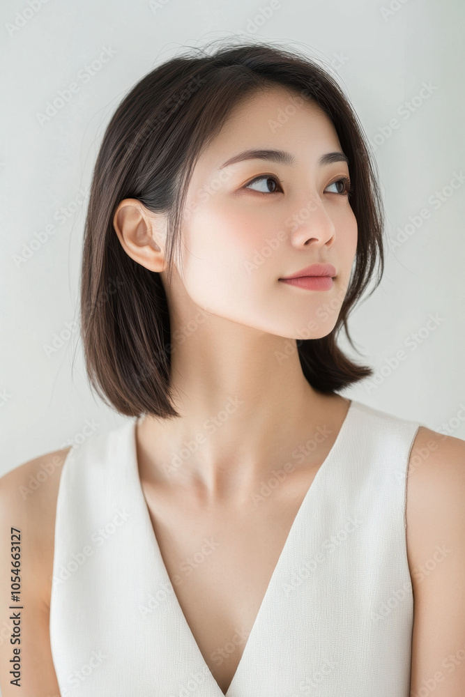 serene and elegant Asian woman with short bob hairstyle gazes thoughtfully to side, showcasing her natural beauty against soft, neutral background serene and elegant Asian woman with short bob hairstyle gazes thoughtfully to side, showcasing her natural beauty against soft, neutral background