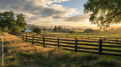 full view of field of fenced ranch grass and cows in College Station.ai generative