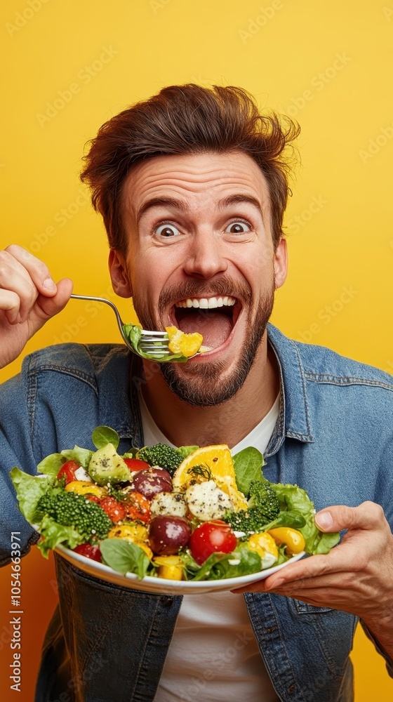 Happy man eating salad on yellow background Happy man eating salad on yellow background