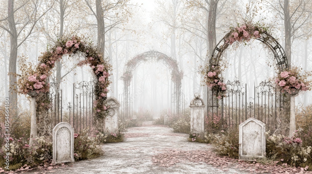 A misty forest path with two ornate arches adorned with pink roses, leading to a mysterious destination. A misty forest path with two ornate arches adorned with pink roses, leading to a mysterious destination.