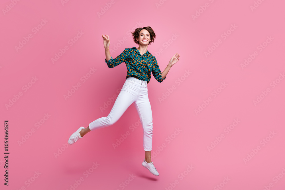 Full length body photo of relaxed brown bob hair lady jumping feel lightness raised hands up menstruation isolated on pink color background Full length body photo of relaxed brown bob hair lady jumping feel lightness raised hands up menstruation isolated on pink color background