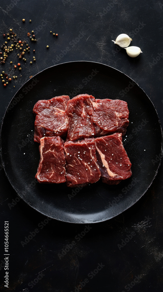 Fresh beef cuts arranged on black plate, surrounded by garlic and peppercorns, showcasing raw and appetizing presentation. Perfect for culinary enthusiasts Fresh beef cuts arranged on black plate, surrounded by garlic and peppercorns, showcasing raw and appetizing presentation. Perfect for culinary enthusiasts