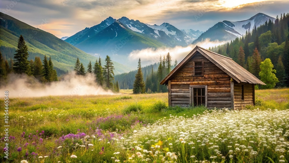 Rustic wooden cabin in field of wildflowers with misty mountains in the distance Rustic wooden cabin in field of wildflowers with misty mountains in the distance