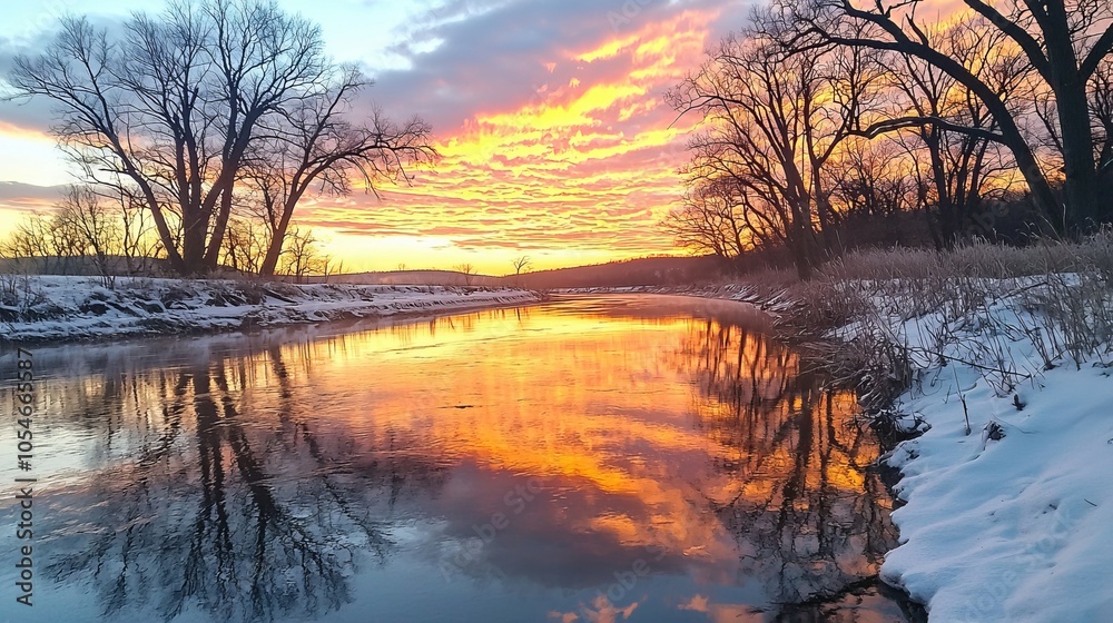 A river winds through a snowy landscape, reflecting the colors of a vibrant sunrise in the sky. A river winds through a snowy landscape, reflecting the colors of a vibrant sunrise in the sky.