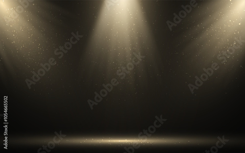 Spotlight background. Stage with gold lights. Award ceremony template. Golden spotlights with flying particles. Winner podium concept. Elegant anniversary design. Vector illustration.