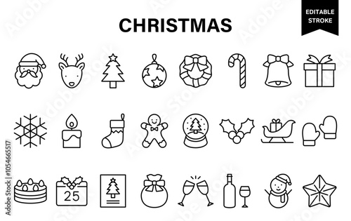 シンプルな線画のクリスマスのベクターアイコンセット