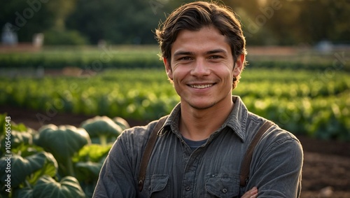 A happy young farmer stands proudly in his lush organic garden, surrounded by fresh green vegetables and raised garden beds. His passion for sustainable agriculture and eco-friendly farming is evident