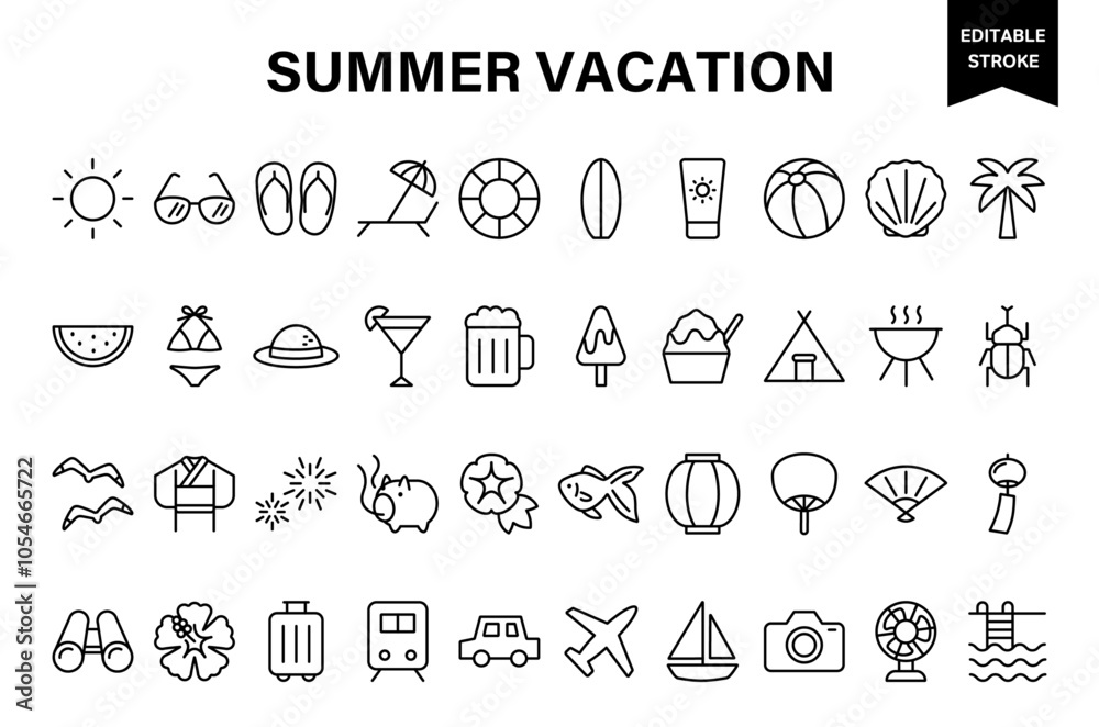 シンプルな線画の夏休みに関連するベクターアイコンセット シンプルな線画の夏休みに関連するベクターアイコンセット