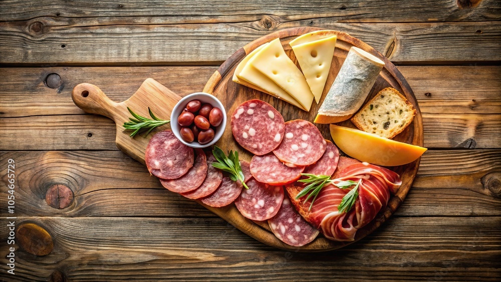 Rustic wooden cutting board with ham, salami, cheese, and bread in fisheye perspective Rustic wooden cutting board with ham, salami, cheese, and bread in fisheye perspective
