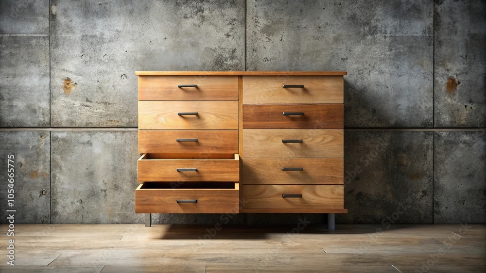 Rustic wooden dresser with open drawers against concrete wall in close-up Rustic wooden dresser with open drawers against concrete wall in close-up