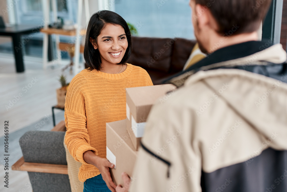 Delivery man, woman and happy with boxes in home as package, parcel and courier. People, employee and smile with customer for online shopping or ecommerce with mail, distribution service and product Delivery man, woman and happy with boxes in home as package, parcel and courier. People, employee and smile with customer for online shopping or ecommerce with mail, distribution service and product
