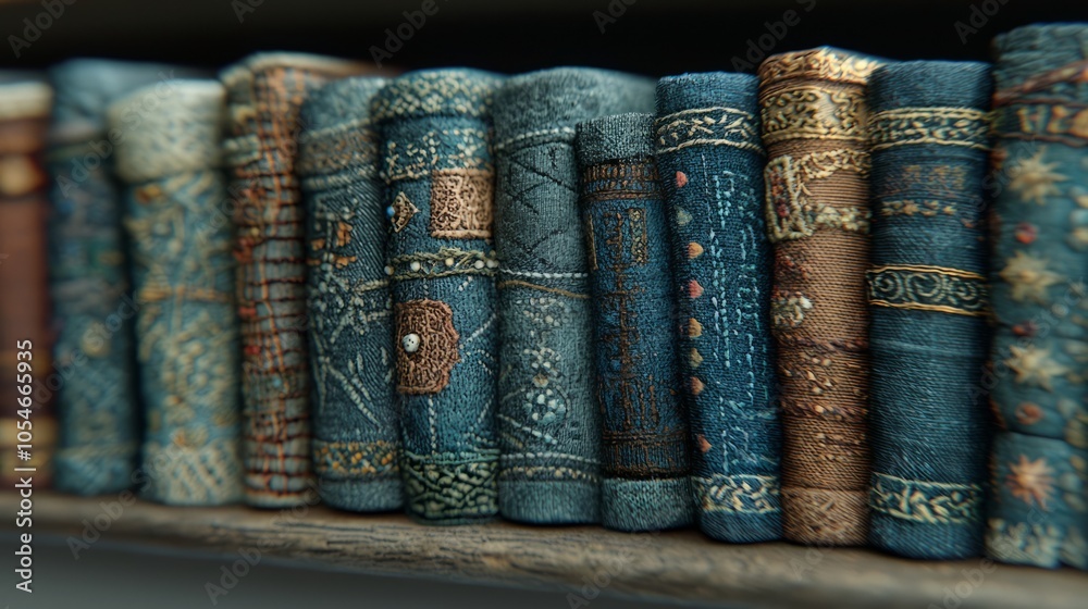 A row of old, leather-bound books with intricate designs on their spines, sitting on a wooden shelf. A row of old, leather-bound books with intricate designs on their spines, sitting on a wooden shelf.