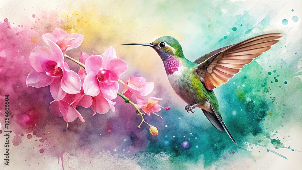 Fototapeta premium Watercolor painting of a hummingbird flying with pink orchid flowers and paint splash effect