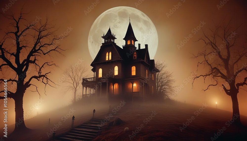 Haunted House on Hill. A Halloween background depicting an old, haunted house on a hill, surrounded by spooky trees and a misty graveyard. A full moon and warm orange tones Haunted House on Hill. A Halloween background depicting an old, haunted house on a hill, surrounded by spooky trees and a misty graveyard. A full moon and warm orange tones