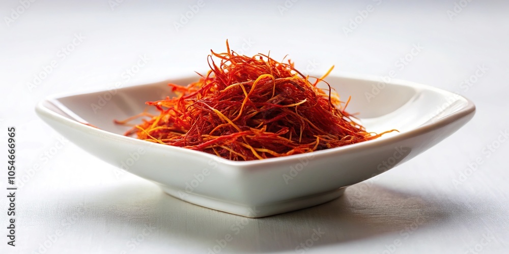 Fototapeta premium Saffron threads in white porcelain dish next to mortar