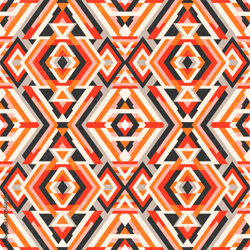 Vibrant Geometric Tribal Pattern in Warm Tones. Seamless background.