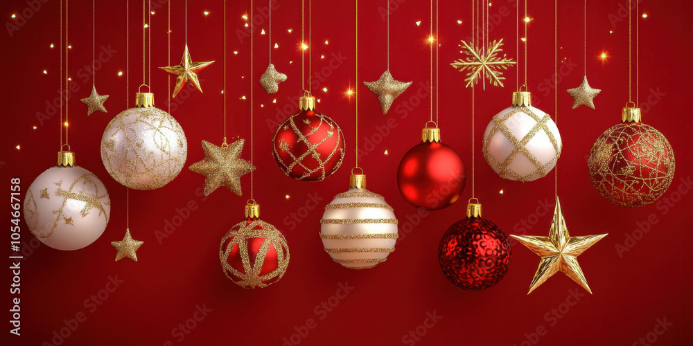 Festive Christmas ornaments and golden stars hang against vibrant red background, creating joyful and celebratory atmosphere perfect for holiday season Festive Christmas ornaments and golden stars hang against vibrant red background, creating joyful and celebratory atmosphere perfect for holiday season