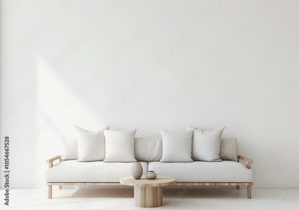 Minimalist living room interior with a white sofa and a wooden coffee table Minimalist living room interior with a white sofa and a wooden coffee table