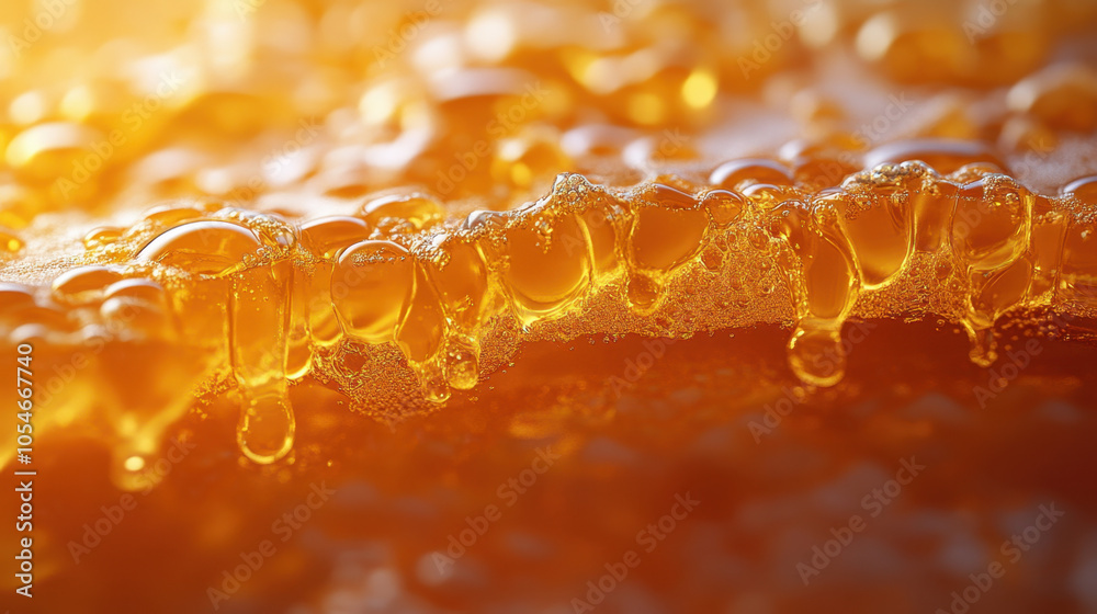 Golden honey flows gracefully, showcasing its rich texture and vibrant color. bubbles and droplets create mesmerizing visual, evoking sense of sweetness and warmth Golden honey flows gracefully, showcasing its rich texture and vibrant color. bubbles and droplets create mesmerizing visual, evoking sense of sweetness and warmth