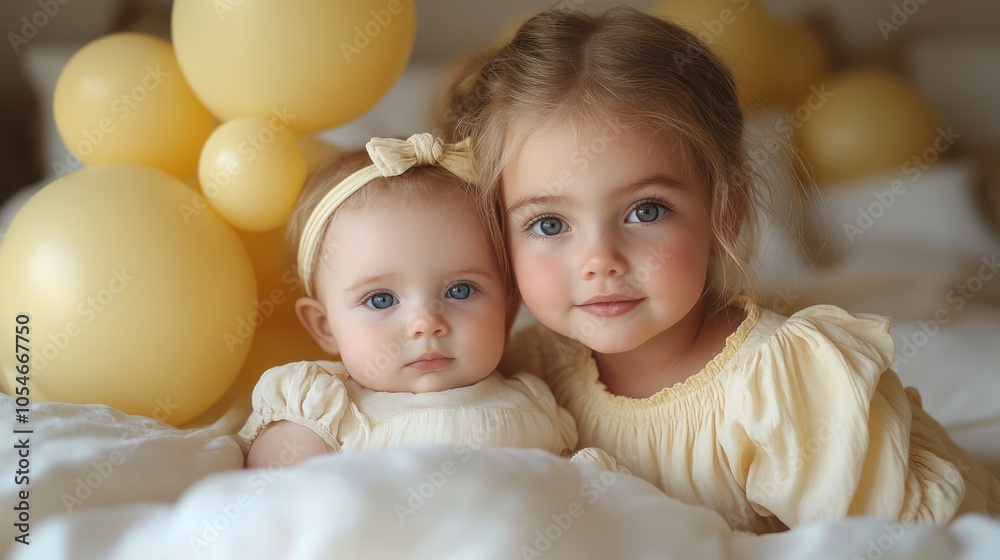 Two Young Sisters Embracing in a Bed with Yellow Balloons Two Young Sisters Embracing in a Bed with Yellow Balloons