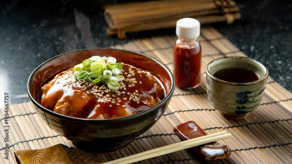 A warm bowl of food garnished with green onions and sesame, accompanied by sauce and chopsticks.