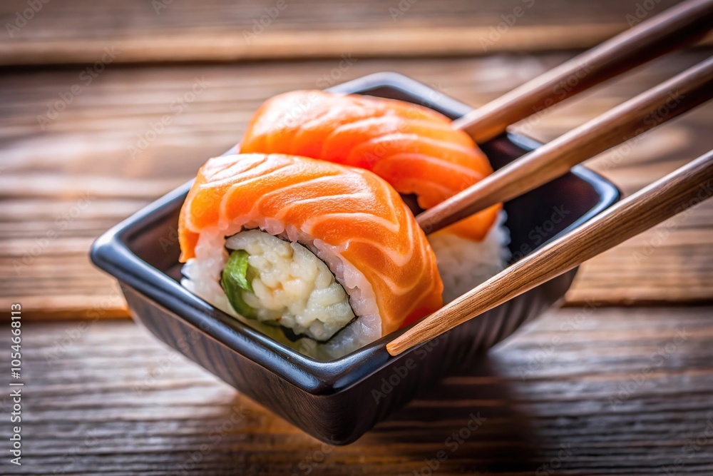 Salmon sushi on chopsticks with soy sauce in container, Worm's Eye View Salmon sushi on chopsticks with soy sauce in container, Worm's Eye View
