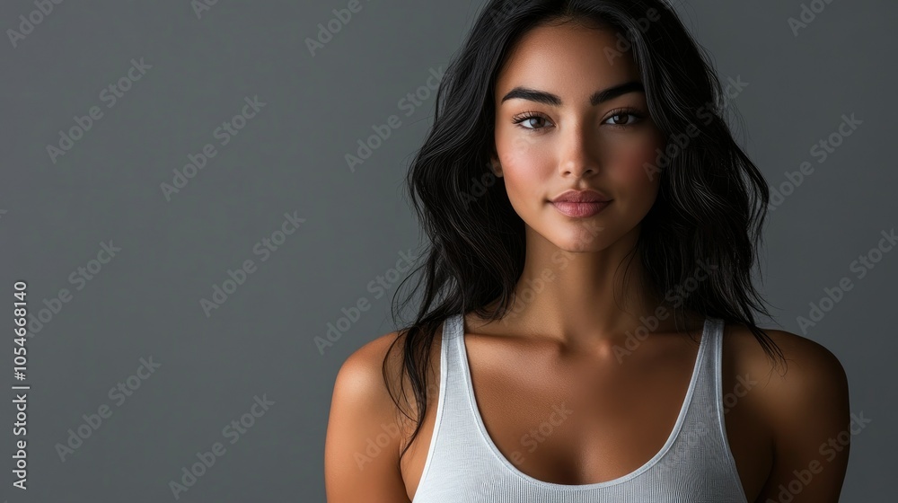 Beautiful woman in white T-shirt Female breast dark background Beautiful woman in white T-shirt Female breast dark background