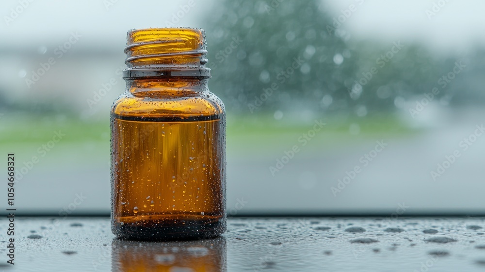 A small brown glass bottle with a screw top lid sits on a wet surface with rain drops, and a blurred background of more rain. A small brown glass bottle with a screw top lid sits on a wet surface with rain drops, and a blurred background of more rain.