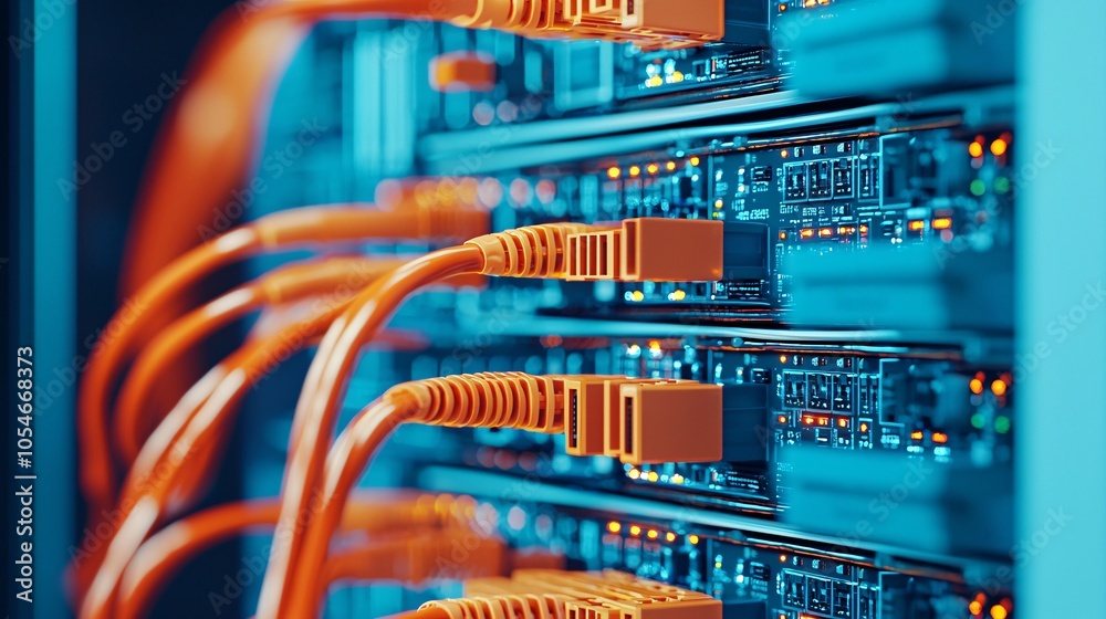 High-tech server setup in network engineering facility, close-up, high quality, DSLR, macro lens, 16:9 High-tech server setup in network engineering facility, close-up, high quality, DSLR, macro lens, 16:9