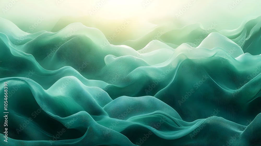 Obraz premium A tranquil abstract landscape featuring soft, flowing teal waves under a gentle glowing light, creating a serene and calming atmosphere full of depth and texture.