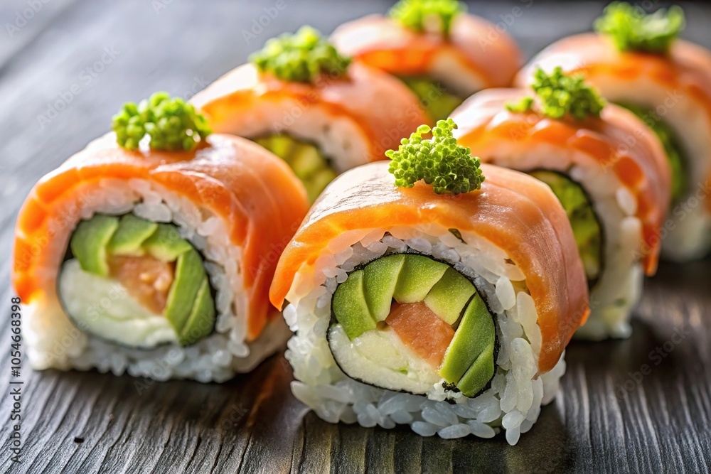Salmon wrapped sushi rolls with crushed avocado and wasabi at eye level Salmon wrapped sushi rolls with crushed avocado and wasabi at eye level