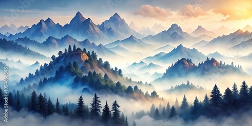 Watercolor painting of a misty mountain range