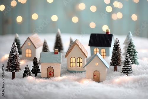 A cozy winter village scene featuring miniature houses surrounded by snowy landscapes and decorative trees, illuminated by soft, warm lights. photo