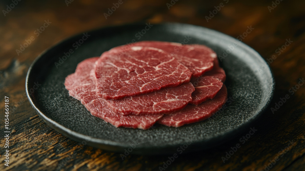 Thin slices of beef arranged neatly on black plate, showcasing marbling and texture of meat. Perfect for culinary presentations or gourmet dishes Thin slices of beef arranged neatly on black plate, showcasing marbling and texture of meat. Perfect for culinary presentations or gourmet dishes