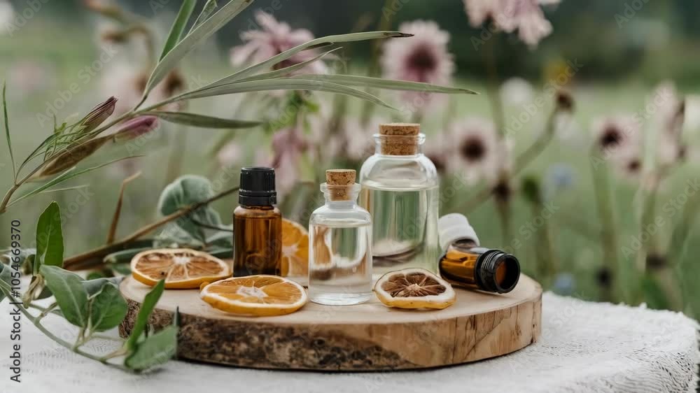 A serene display of essential oils and dried citrus on a wooden platter amidst a floral backdrop. A serene display of essential oils and dried citrus on a wooden platter amidst a floral backdrop.