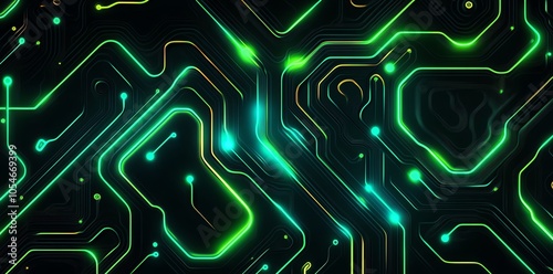 Abstract glowing green and gold circuit board pattern on black background.