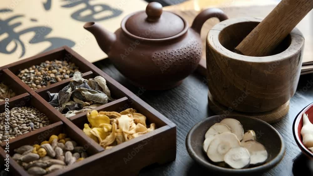 A wooden tray holds various herbs and spices alongside a teapot and mortar for preparation. A wooden tray holds various herbs and spices alongside a teapot and mortar for preparation.