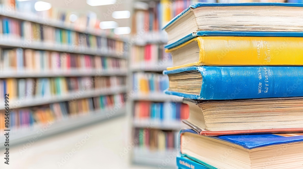 A stack of books on a table in a library with bookshelves in the background. A stack of books on a table in a library with bookshelves in the background.