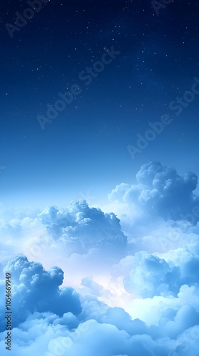 A serene sky filled with fluffy white clouds under a deep blue twilight, evoking a sense of calm and tranquility as stars begin to twinkle above.