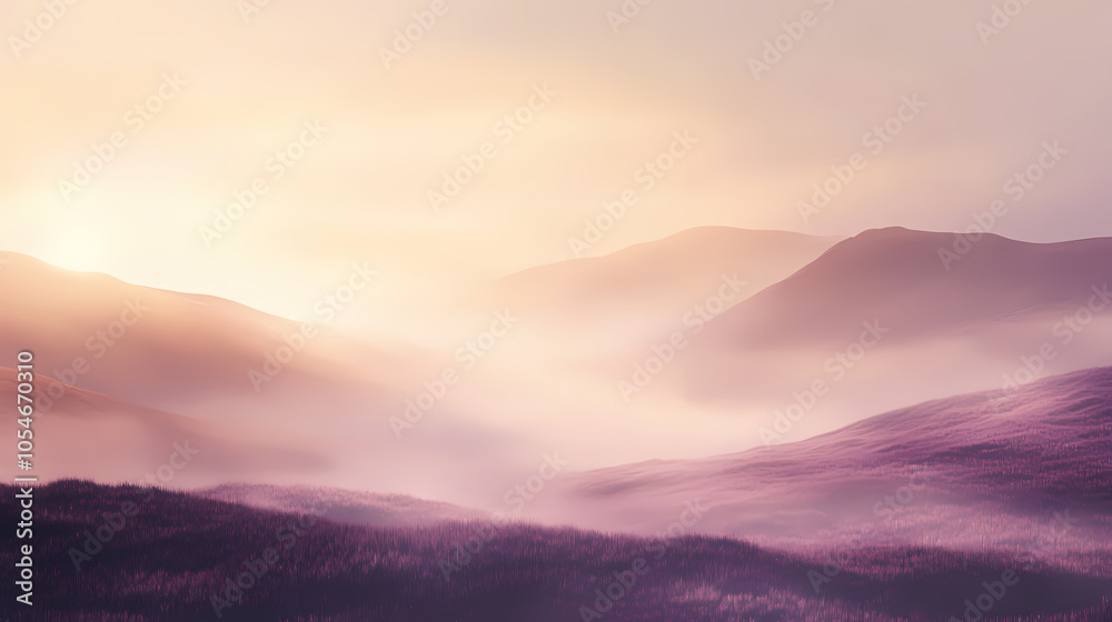Realistic foggy landscape of a moor, with mist rolling over the heather-covered hills and a soft, eerie light. Misty Moorlands. Illustration Realistic foggy landscape of a moor, with mist rolling over the heather-covered hills and a soft, eerie light. Misty Moorlands. Illustration