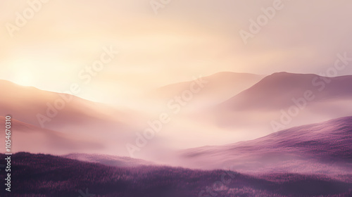 Realistic foggy landscape of a moor, with mist rolling over the heather-covered hills and a soft, eerie light. Misty Moorlands. Illustration