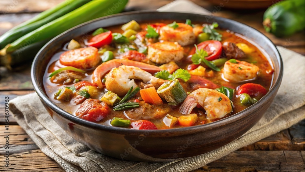 Savory Gumbo Soup with Shrimp Sausage and Chicken Aromatic Cajun Cuisine featuring Okra and Bell Peppers Hearty and Delicious Extreme Close-Up Savory Gumbo Soup with Shrimp Sausage and Chicken Aromatic Cajun Cuisine featuring Okra and Bell Peppers Hearty and Delicious Extreme Close-Up