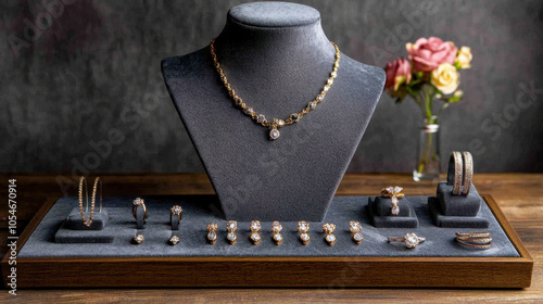 Stunning jewellery display set featuring necklace, earrings, rings, and bracelets, elegantly arranged on dark velvet surface. exquisite pieces shine beautifully, creating luxurious atmosphere