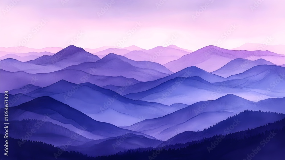 A stunning landscape showcasing rolling purple mountains at dawn, with soft gradients of lavender and deep violet creating a peaceful and serene atmosphere. A stunning landscape showcasing rolling purple mountains at dawn, with soft gradients of lavender and deep violet creating a peaceful and serene atmosphere.