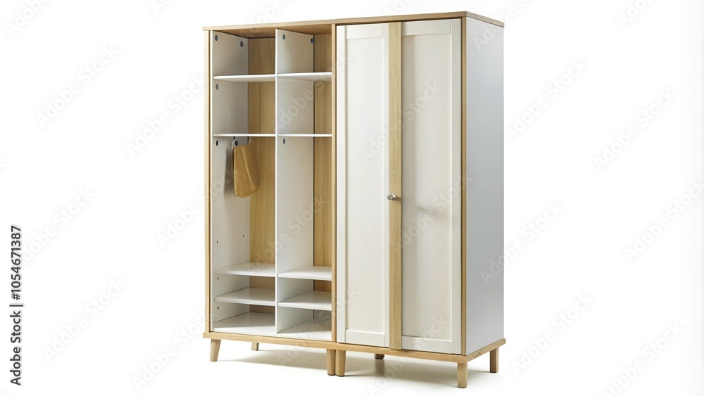 Scandinavian inspired IKEA wardrobe with white shelves and natural wood frame isolated on white background at eye level Scandinavian inspired IKEA wardrobe with white shelves and natural wood frame isolated on white background at eye level